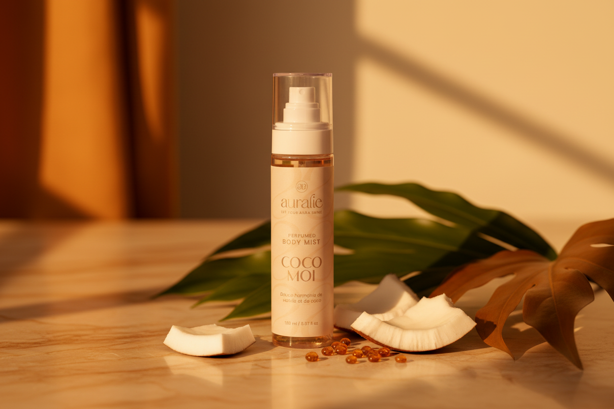 Coco Moi Body Mist with warm golden lighting